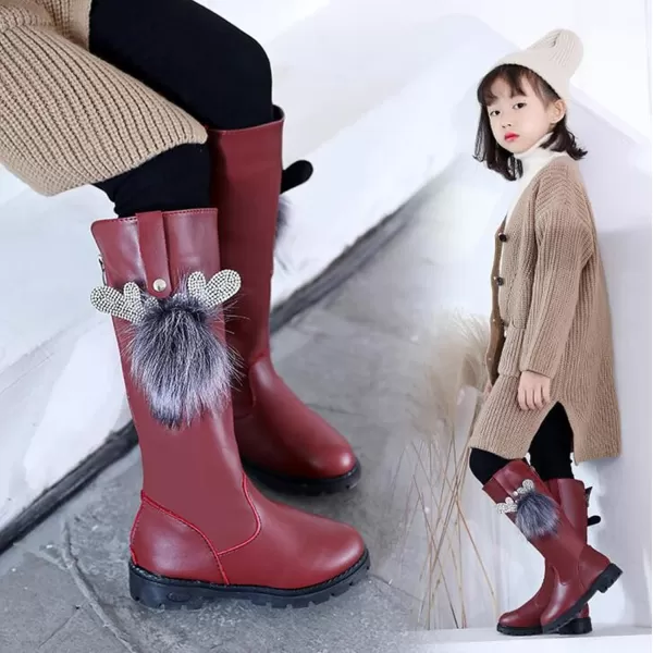 DADAWEN Girl's Waterproof Pom Pom Back Zipper Knee High Winter Riding Boots 