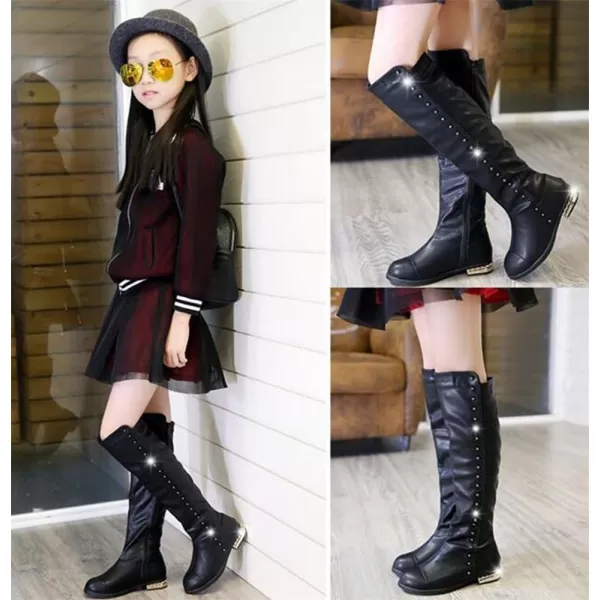 DADAWEN Girl's Waterproof Side Zipper Knee High Riding Boots 
