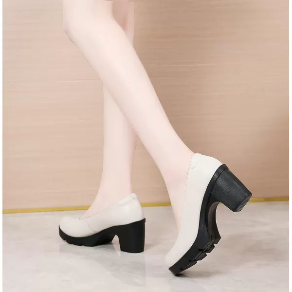 DADAWEN Women's Leather Classic Platform Mid Heel Round Toe Oxfords Dress Pumps Office Party Wedding Shoes