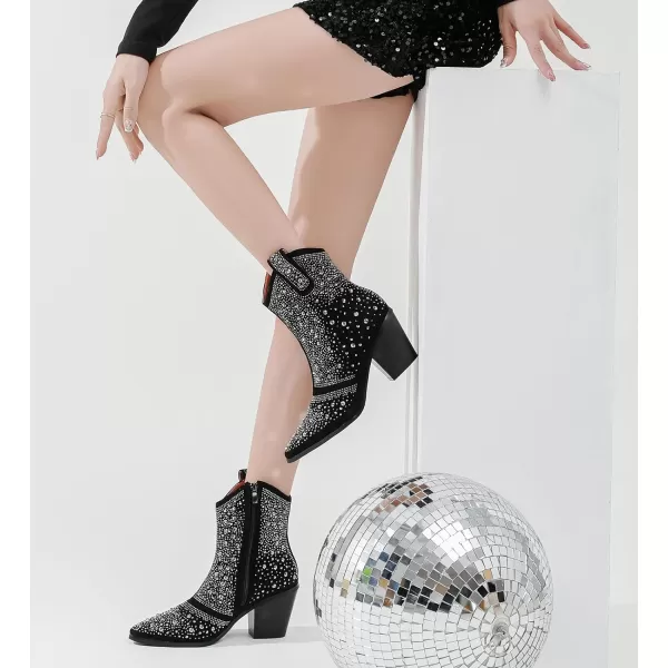 DADAWEN Women's Rhinestone Boots Sparkly Cowgirl Boots Western Cowboy Boots for Women Pointed Toe Block Chunky Heel Ankle Booties