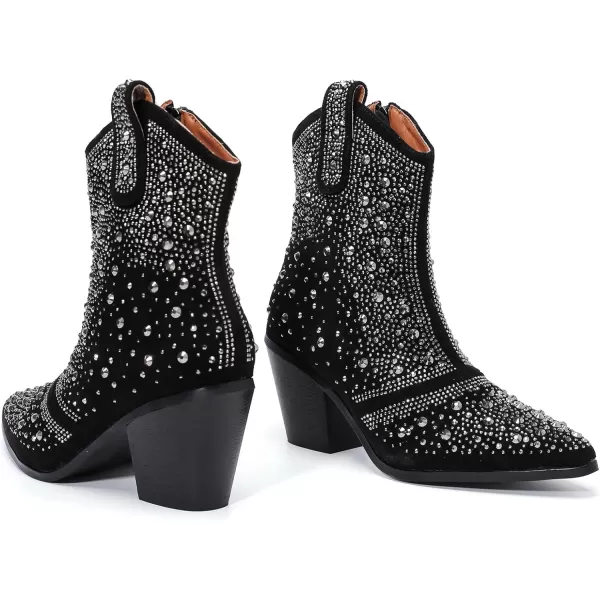 DADAWEN Women's Rhinestone Boots Sparkly Cowgirl Boots Western Cowboy Boots for Women Pointed Toe Block Chunky Heel Ankle Booties