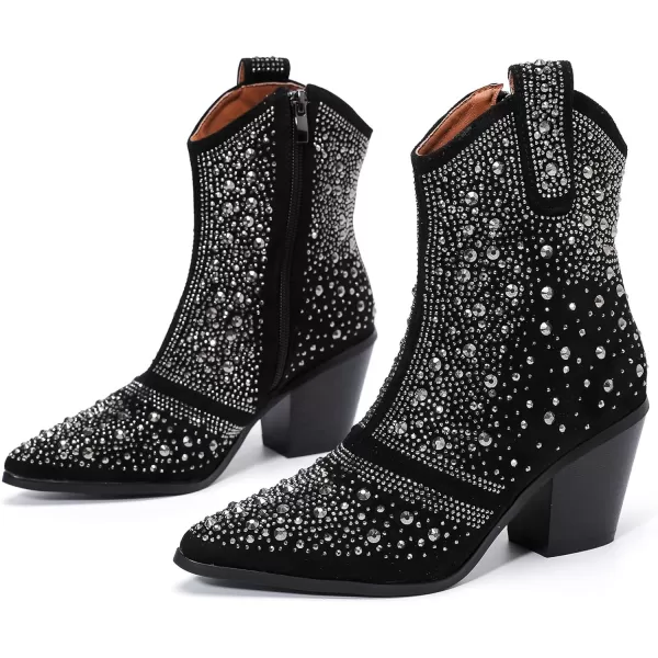 DADAWEN Women's Rhinestone Boots Sparkly Cowgirl Boots Western Cowboy Boots for Women Pointed Toe Block Chunky Heel Ankle Booties