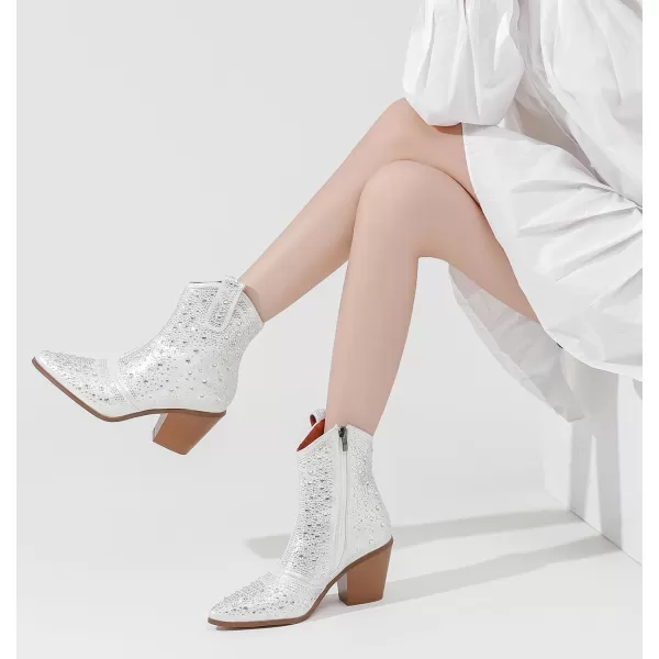 DADAWEN Women's Rhinestone Boots Sparkly Cowgirl Boots Western Cowboy Boots for Women Pointed Toe Block Chunky Heel Ankle Booties