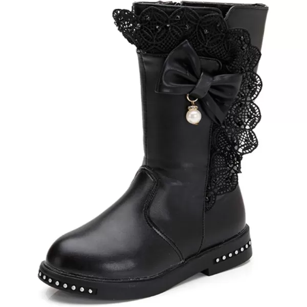 DADAWEN Girl's Waterproof Lace Bowknot Side Zipper Fur Lined Tall Winter Boots )