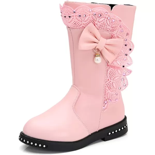 DADAWEN Girl's Waterproof Lace Bowknot Side Zipper Fur Lined Tall Winter Boots )
