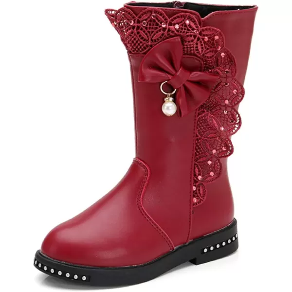 DADAWEN Girl's Waterproof Lace Bowknot Side Zipper Fur Lined Tall Winter Boots )