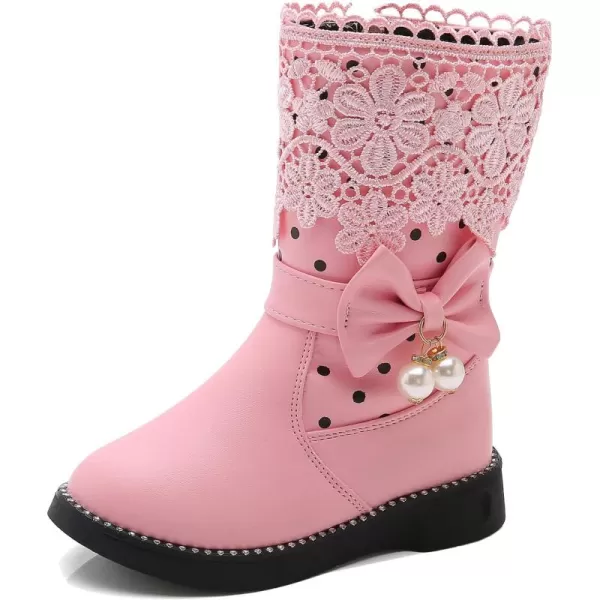 DADAWEN Girl's Waterproof Lace Bowknot Side Zipper Fur Winter Boots )