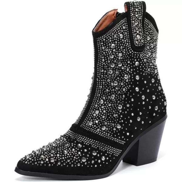 DADAWEN Women's Rhinestone Boots Sparkly Cowgirl Boots Western Cowboy Boots for Women Pointed Toe Block Chunky Heel Ankle Booties