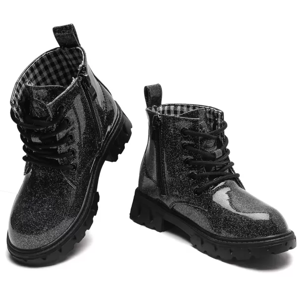 imageDADAWEN Boys Girls Glitter Ankle Boots Kids Lace Up Waterproof Combat Shoes With Side Zipper for ToddlerLittle KidBig Kid01 BlackGlitter