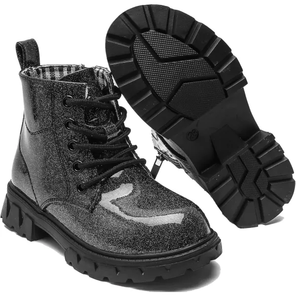 imageDADAWEN Boys Girls Glitter Ankle Boots Kids Lace Up Waterproof Combat Shoes With Side Zipper for ToddlerLittle KidBig Kid01 BlackGlitter