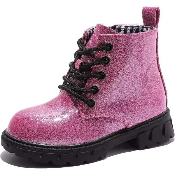 imageDADAWEN Boys Girls Glitter Ankle Boots Kids Lace Up Waterproof Combat Shoes With Side Zipper for ToddlerLittle KidBig Kid01 Hot PinkGlitter