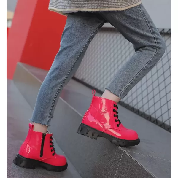 imageDADAWEN Boys Girls Glitter Ankle Boots Kids Lace Up Waterproof Combat Shoes With Side Zipper for ToddlerLittle KidBig Kid01 Rose Red