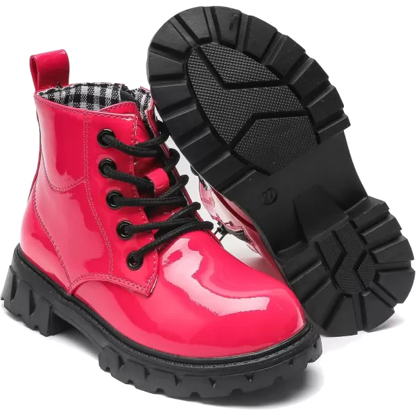 imageDADAWEN Boys Girls Glitter Ankle Boots Kids Lace Up Waterproof Combat Shoes With Side Zipper for ToddlerLittle KidBig Kid01 Rose Red