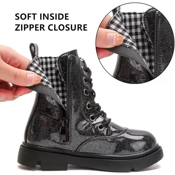 imageDADAWEN Boys Girls Waterproof Lace Up Glitter Mid Calf Combat Boots With Side Zipper for ToddlerLittle KidBig KidBlack Glitter