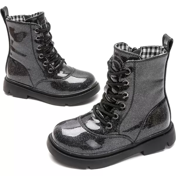 imageDADAWEN Boys Girls Waterproof Lace Up Glitter Mid Calf Combat Boots With Side Zipper for ToddlerLittle KidBig KidBlack Glitter