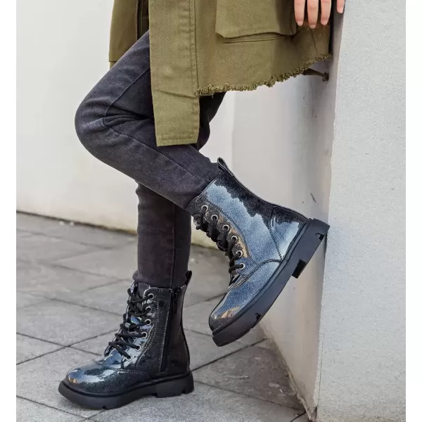 imageDADAWEN Boys Girls Waterproof Lace Up Glitter Mid Calf Combat Boots With Side Zipper for ToddlerLittle KidBig KidBlack Glitter