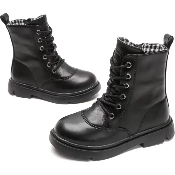 imageDADAWEN Boys Girls Waterproof Lace Up Glitter Mid Calf Combat Boots With Side Zipper for ToddlerLittle KidBig KidBlack Leather