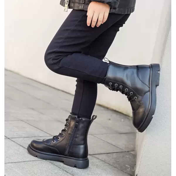 imageDADAWEN Boys Girls Waterproof Lace Up Glitter Mid Calf Combat Boots With Side Zipper for ToddlerLittle KidBig KidBlack Leather