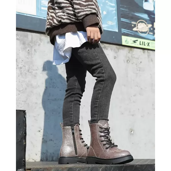 imageDADAWEN Boys Girls Waterproof Lace Up Glitter Mid Calf Combat Boots With Side Zipper for ToddlerLittle KidBig KidGold Glitter