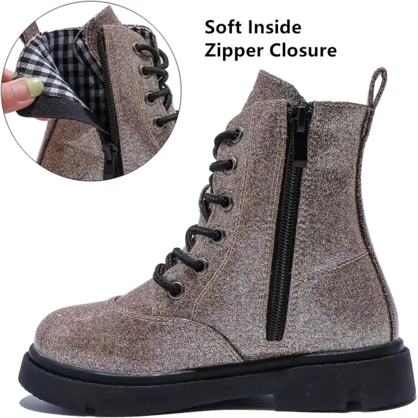 imageDADAWEN Boys Girls Waterproof Lace Up Glitter Mid Calf Combat Boots With Side Zipper for ToddlerLittle KidBig KidGold Glitter
