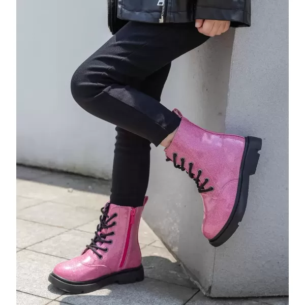 imageDADAWEN Boys Girls Waterproof Lace Up Glitter Mid Calf Combat Boots With Side Zipper for ToddlerLittle KidBig KidHot Pink Glitter