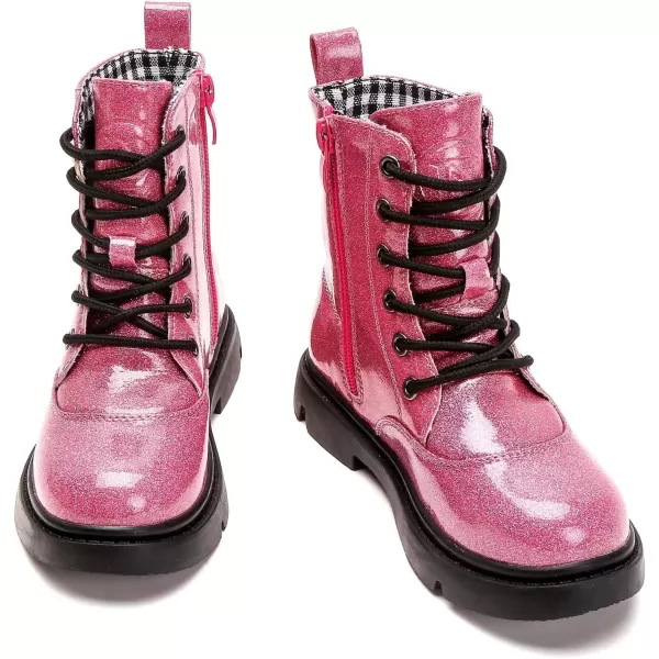 imageDADAWEN Boys Girls Waterproof Lace Up Glitter Mid Calf Combat Boots With Side Zipper for ToddlerLittle KidBig KidHot Pink Glitter