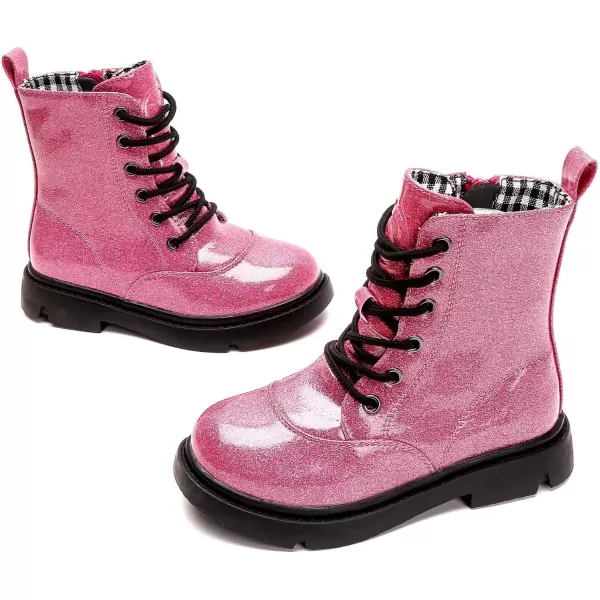 imageDADAWEN Boys Girls Waterproof Lace Up Glitter Mid Calf Combat Boots With Side Zipper for ToddlerLittle KidBig KidHot Pink Glitter