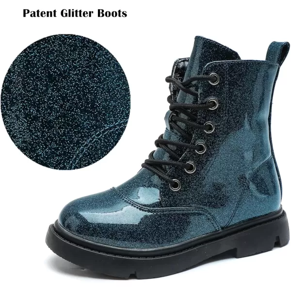 imageDADAWEN Boys Girls Waterproof Lace Up Glitter Mid Calf Combat Boots With Side Zipper for ToddlerLittle KidBig KidNavy Glitter