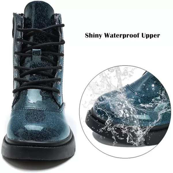 imageDADAWEN Boys Girls Waterproof Lace Up Glitter Mid Calf Combat Boots With Side Zipper for ToddlerLittle KidBig KidNavy Glitter