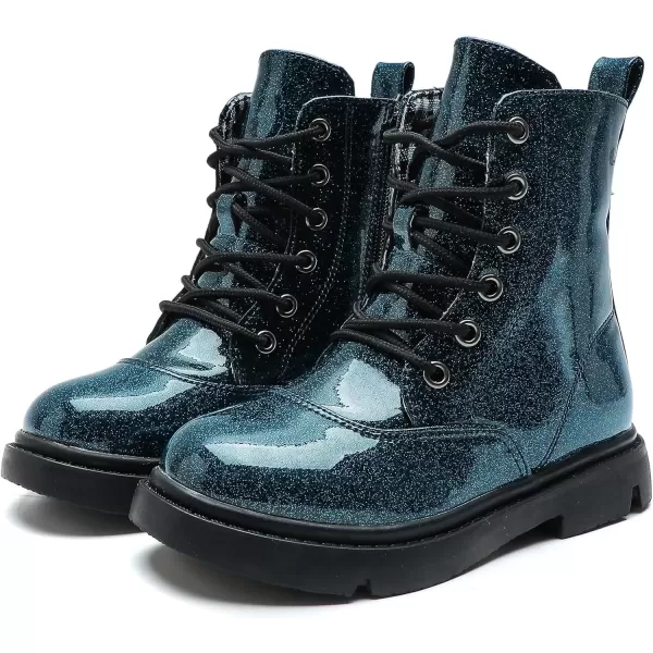 imageDADAWEN Boys Girls Waterproof Lace Up Glitter Mid Calf Combat Boots With Side Zipper for ToddlerLittle KidBig KidNavy Glitter