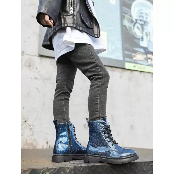 imageDADAWEN Boys Girls Waterproof Lace Up Glitter Mid Calf Combat Boots With Side Zipper for ToddlerLittle KidBig KidNavy Glitter