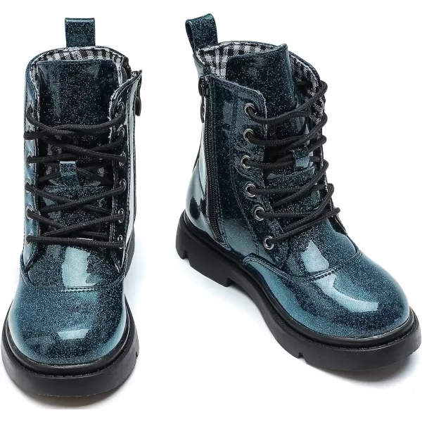 imageDADAWEN Boys Girls Waterproof Lace Up Glitter Mid Calf Combat Boots With Side Zipper for ToddlerLittle KidBig KidNavy Glitter