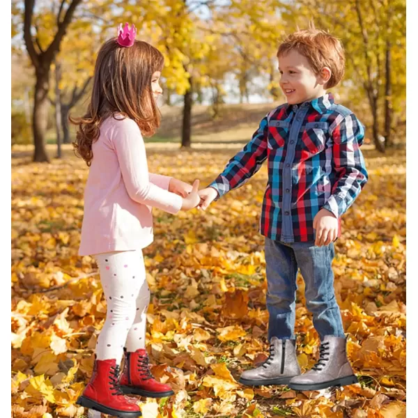 imageDADAWEN Boys Girls Waterproof Lace Up Glitter Mid Calf Combat Boots With Side Zipper for ToddlerLittle KidBig KidRed Glitter