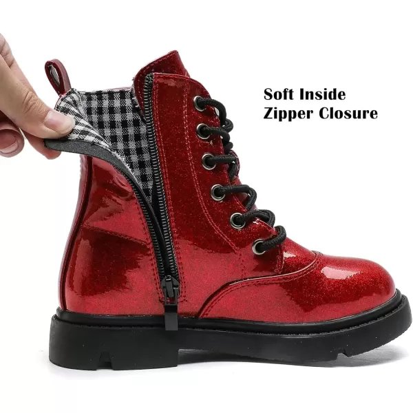 imageDADAWEN Boys Girls Waterproof Lace Up Glitter Mid Calf Combat Boots With Side Zipper for ToddlerLittle KidBig KidRed Glitter