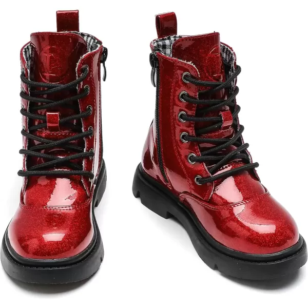 imageDADAWEN Boys Girls Waterproof Lace Up Glitter Mid Calf Combat Boots With Side Zipper for ToddlerLittle KidBig KidRed Glitter
