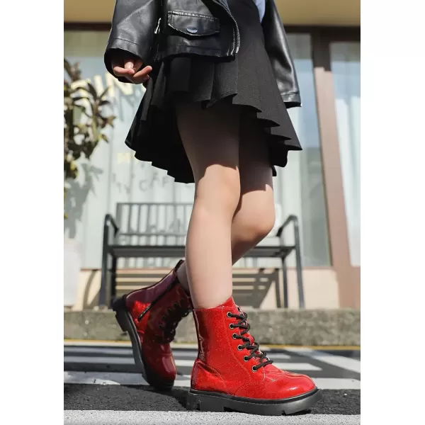 imageDADAWEN Boys Girls Waterproof Lace Up Glitter Mid Calf Combat Boots With Side Zipper for ToddlerLittle KidBig KidRed Glitter