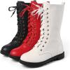imageDADAWEN Kids Girls Leather LaceUp Zipper Mid Calf Combat Riding Winter Boots ToddlerLittle KidBig KidWhitewith Fur