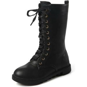 imageDADAWEN Kids Girls Leather LaceUp Zipper Mid Calf Combat Riding Winter Boots ToddlerLittle KidBig KidBlackwith Fur