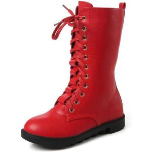 imageDADAWEN Kids Girls Leather LaceUp Zipper Mid Calf Combat Riding Winter Boots ToddlerLittle KidBig KidRedwithout Fur