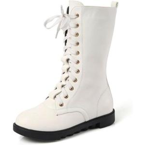 imageDADAWEN Kids Girls Leather LaceUp Zipper Mid Calf Combat Riding Winter Boots ToddlerLittle KidBig KidWhitewith Fur