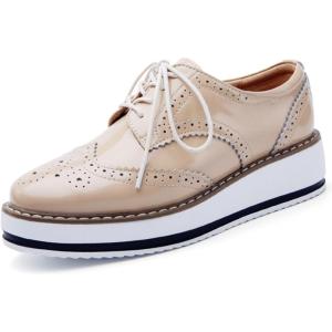 imageDADAWEN Womens Platform LaceUp Wingtips Square Toe Oxfords ShoeApricot