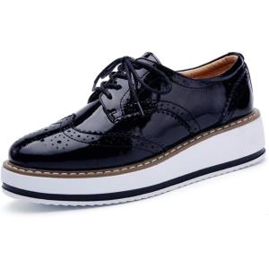 imageDADAWEN Womens Platform LaceUp Wingtips Square Toe Oxfords ShoeBlack