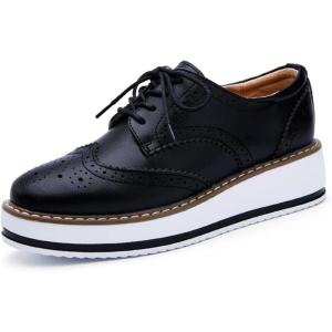 imageDADAWEN Womens Platform LaceUp Wingtips Square Toe Oxfords ShoeBlack Leather