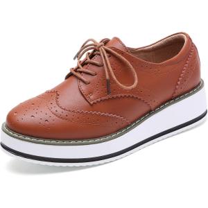 imageDADAWEN Womens Platform LaceUp Wingtips Square Toe Oxfords ShoeBrown Leather