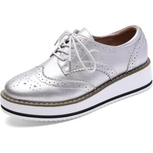 imageDADAWEN Womens Platform LaceUp Wingtips Square Toe Oxfords ShoeSilver Leather