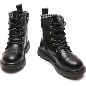 imageDADAWEN Boys Girls Glitter Ankle Boots Lace Up Waterproof Combat Boot With Side Zipper ToddlerLittle KidBig KidBlack Leather