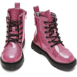 imageDADAWEN Boys Girls Glitter Ankle Boots Lace Up Waterproof Combat Boot With Side Zipper ToddlerLittle KidBig KidHot Pink Glitter
