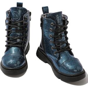 imageDADAWEN Boys Girls Glitter Ankle Boots Lace Up Waterproof Combat Boot With Side Zipper ToddlerLittle KidBig KidNavy Glitter