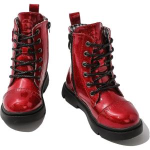 imageDADAWEN Boys Girls Glitter Ankle Boots Lace Up Waterproof Combat Boot With Side Zipper ToddlerLittle KidBig KidRed Glitter