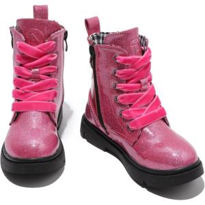 imageDADAWEN Boys Girls Glitter Ankle Boots Lace Up Waterproof Combat Shoes With Side Zipper for ToddlerLittle KidBig KidHot Pink Glitter